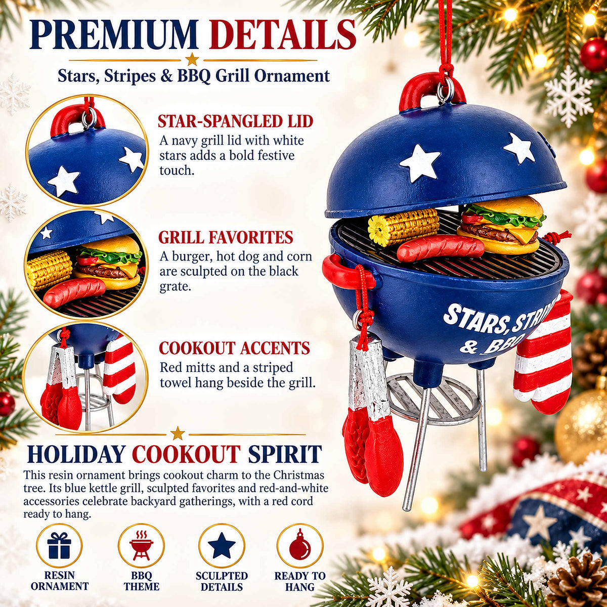 Patriotic BBQ Grill Burger Hot Dog Resin Christmas Ornament