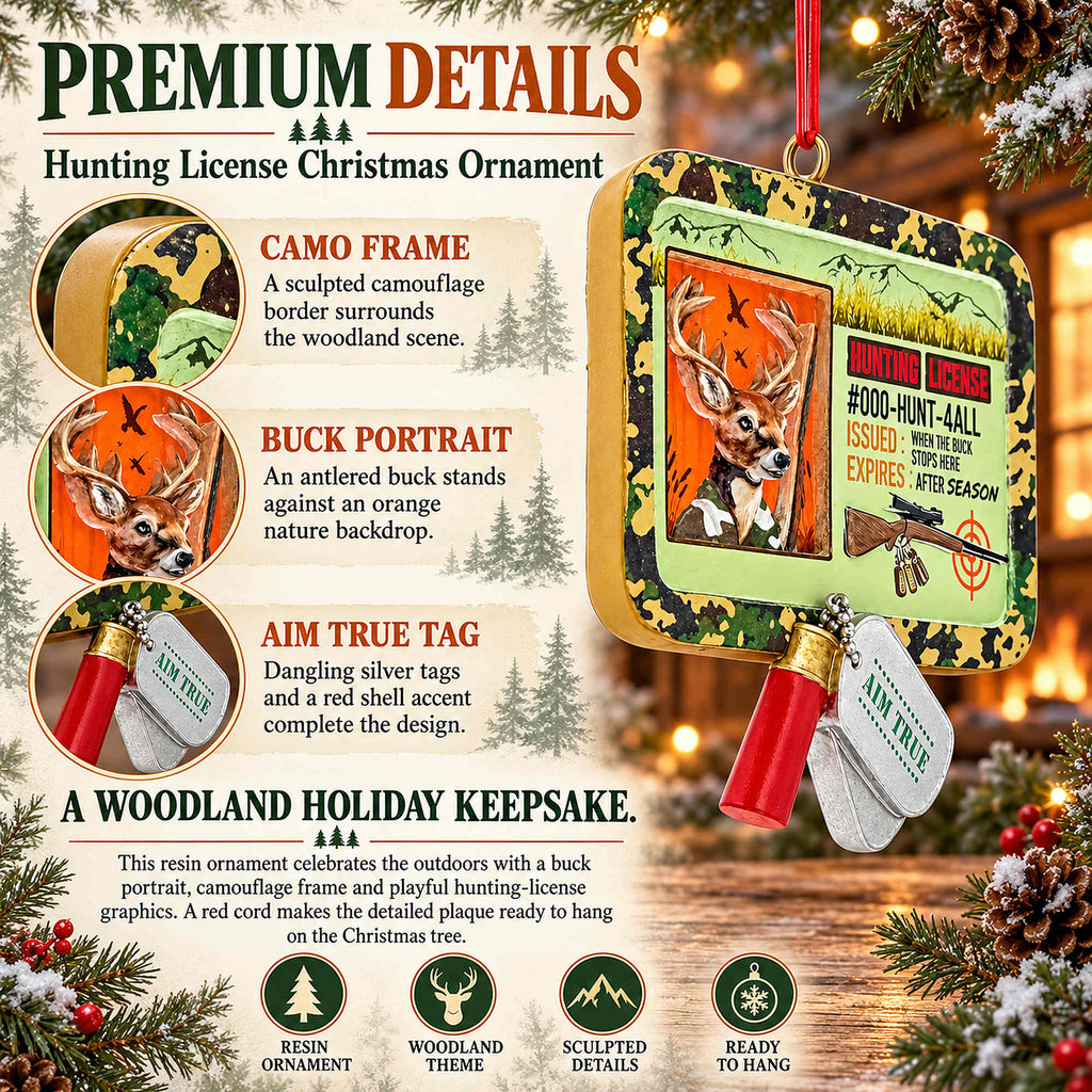 Buck's Hunting License Camo Resin Christmas Ornament