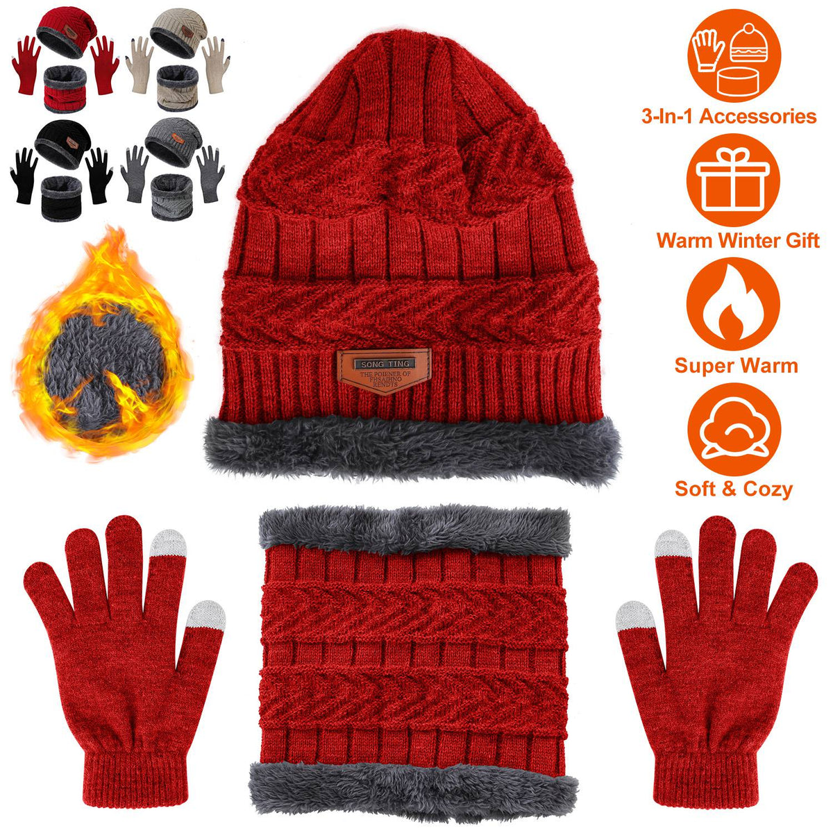 Winter Hat, Scarf and Gloves Set, Red