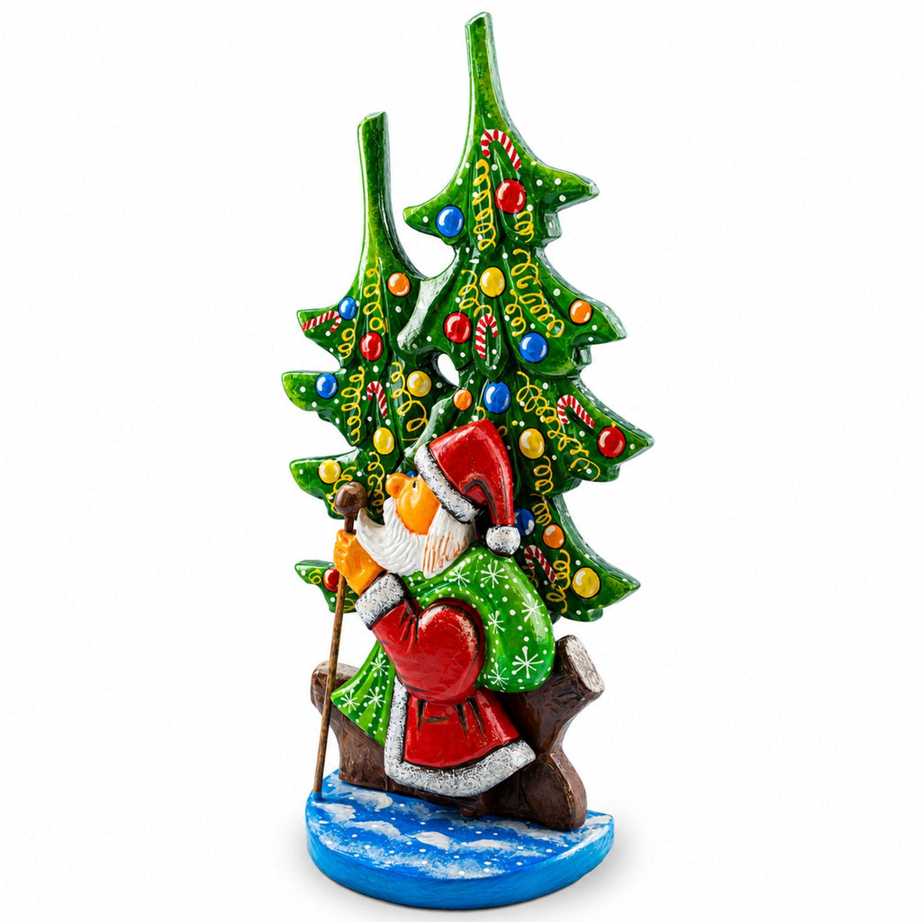 Did Moroz (Santa) and Christmas Tree Hand Carved Ukrainian Wooden Figurine 12.25 Inches