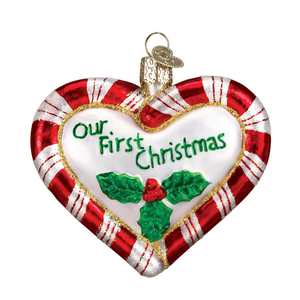 Our First Christmas Peppermint Heart Glass Ornament