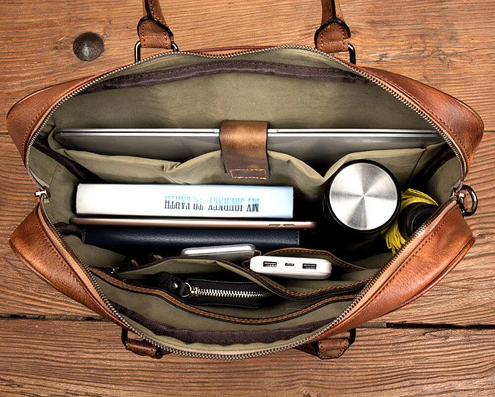 Full Grain Leather Briefcase Men's Leather Laptop Bag Shoulder Messenger Bag