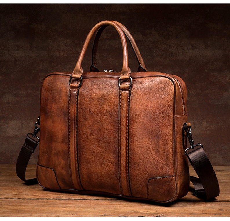Full Grain Leather Briefcase Men's Leather Laptop Bag Shoulder Messenger Bag