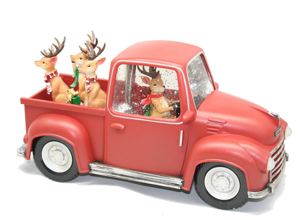 Lighted Reindeer Pickup Truck Waterglobe with Working Headlights
