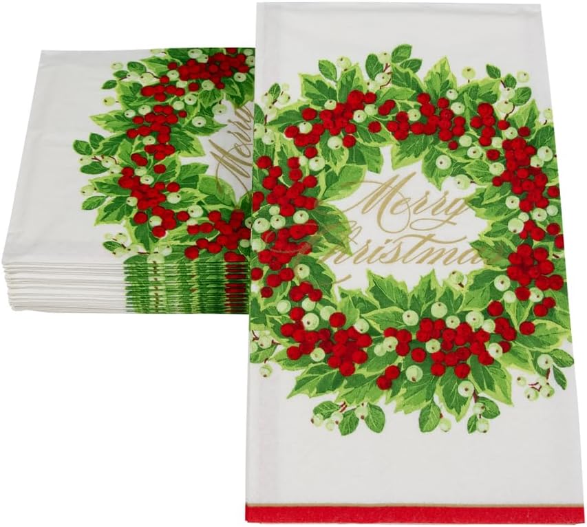 Holly And Berry Wreath Merry Christmas Guest Towel / Buffet Napkin
