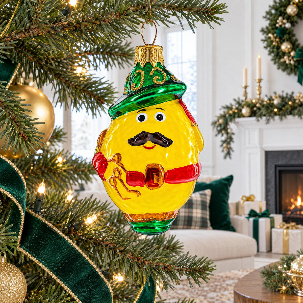 Mustached Lemon in Alpine Outfit Glass Christmas Ornament