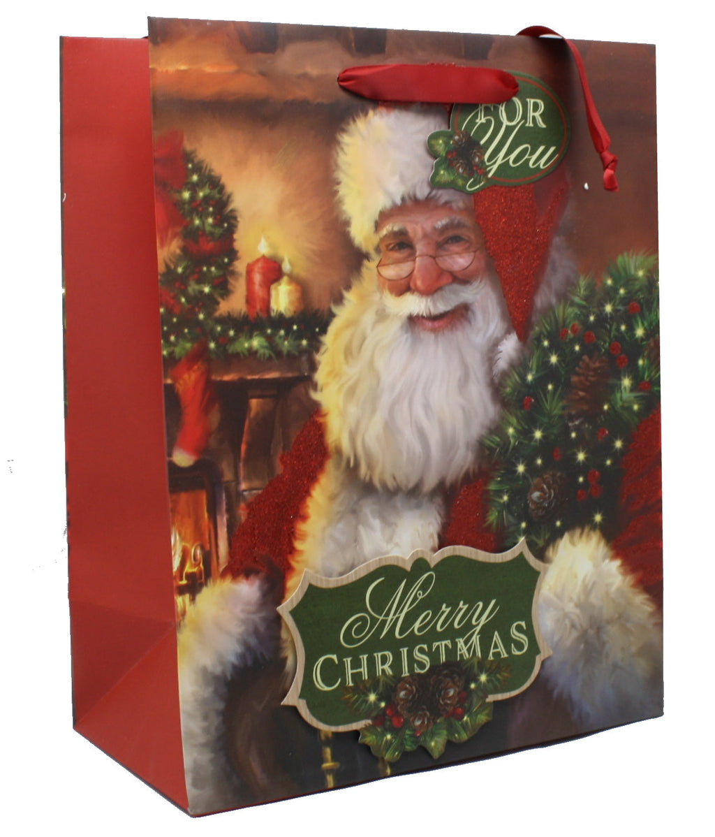 Traditional Large Handmade Gift Bags - Glittered Santa