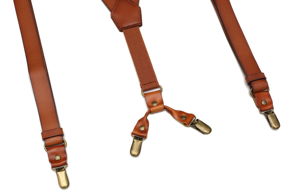 Mens Leather Suspenders Y Back Design Adjustable Suspender with 4 Metal Clips Leather Braces Groomsmen Gift