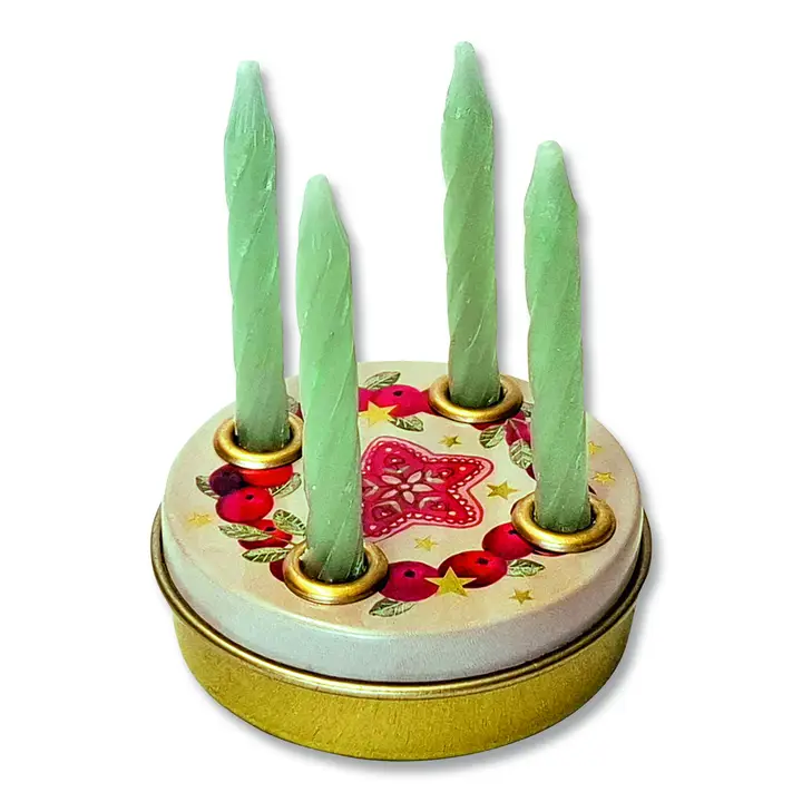 Mini Advent Tin with Candles - Red Berry Wreath