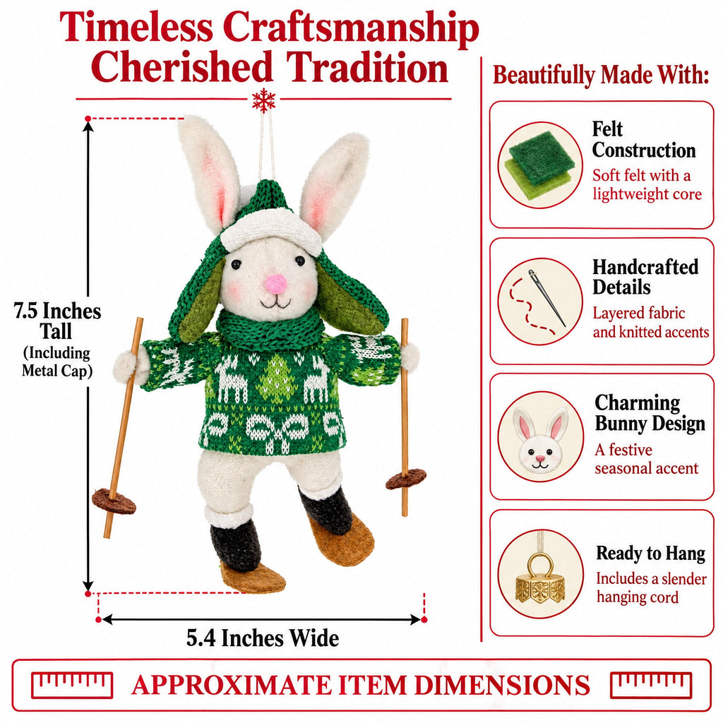 Skiing White Bunny Felt Fabric Christmas Ornament