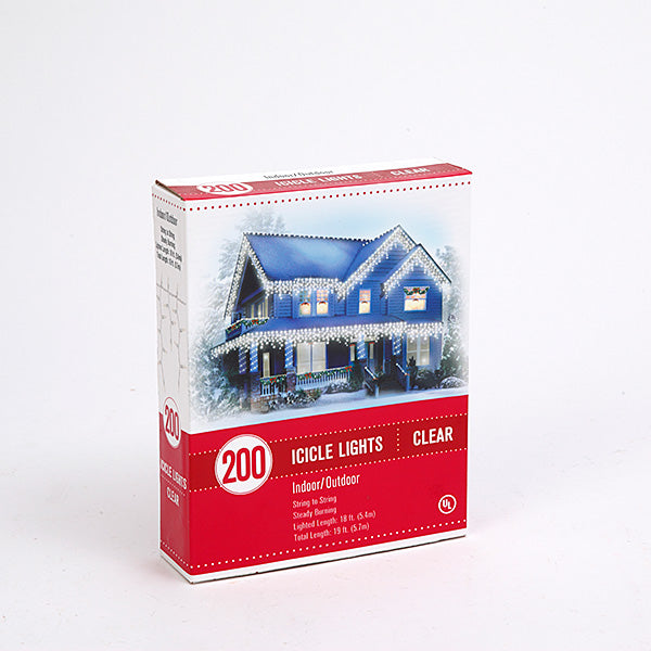 200 Indoor/Outdoor Icicle Lights - Clear Bulb - White Wire