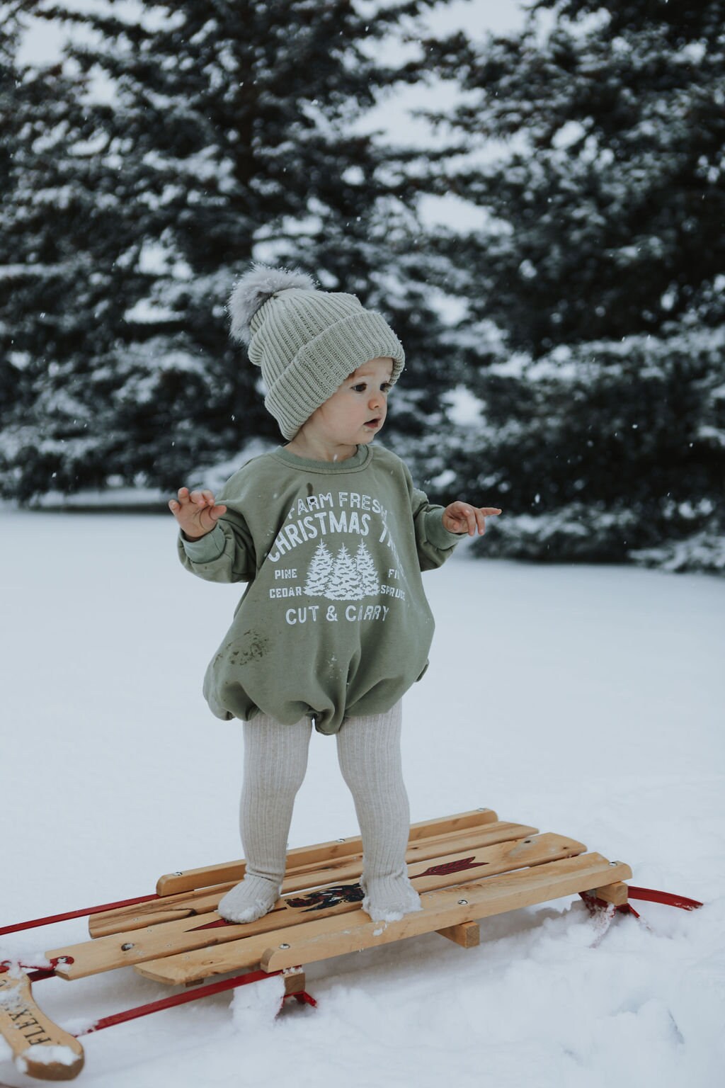 Farm Fresh Christmas Trees Sweatshirt Romper - Sage