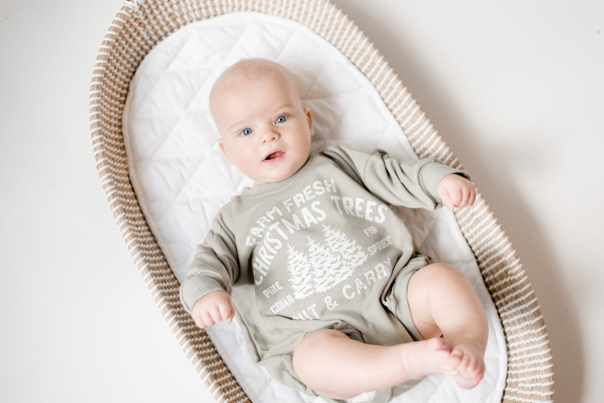 Farm Fresh Christmas Trees Sweatshirt Romper - Sage