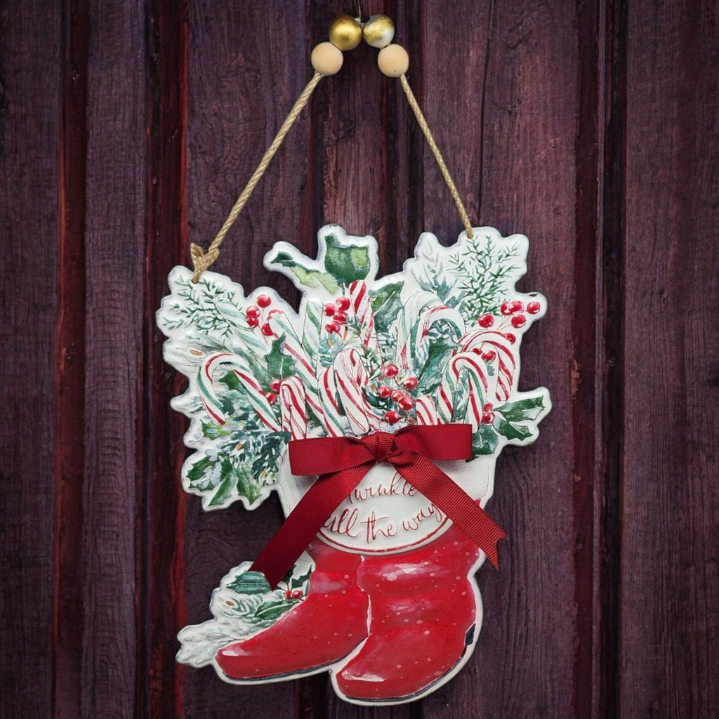 Metal Santa Boots with Bow - 10" Decor