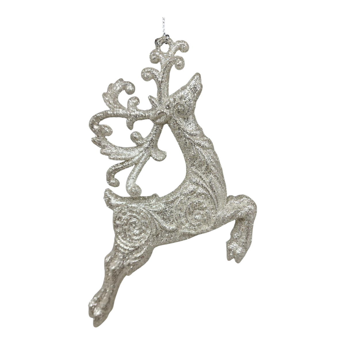 Silver Glittered Reindeer Ornament -  Leaping