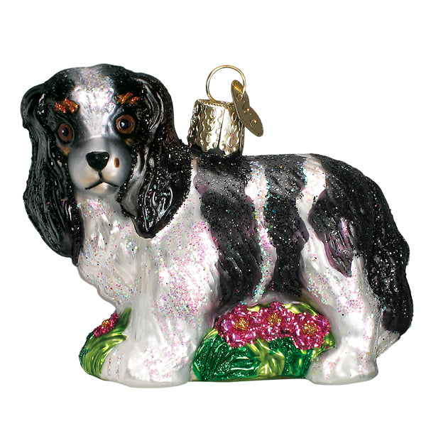 Black and White King Charles Spaniel Glass Blown Ornament
