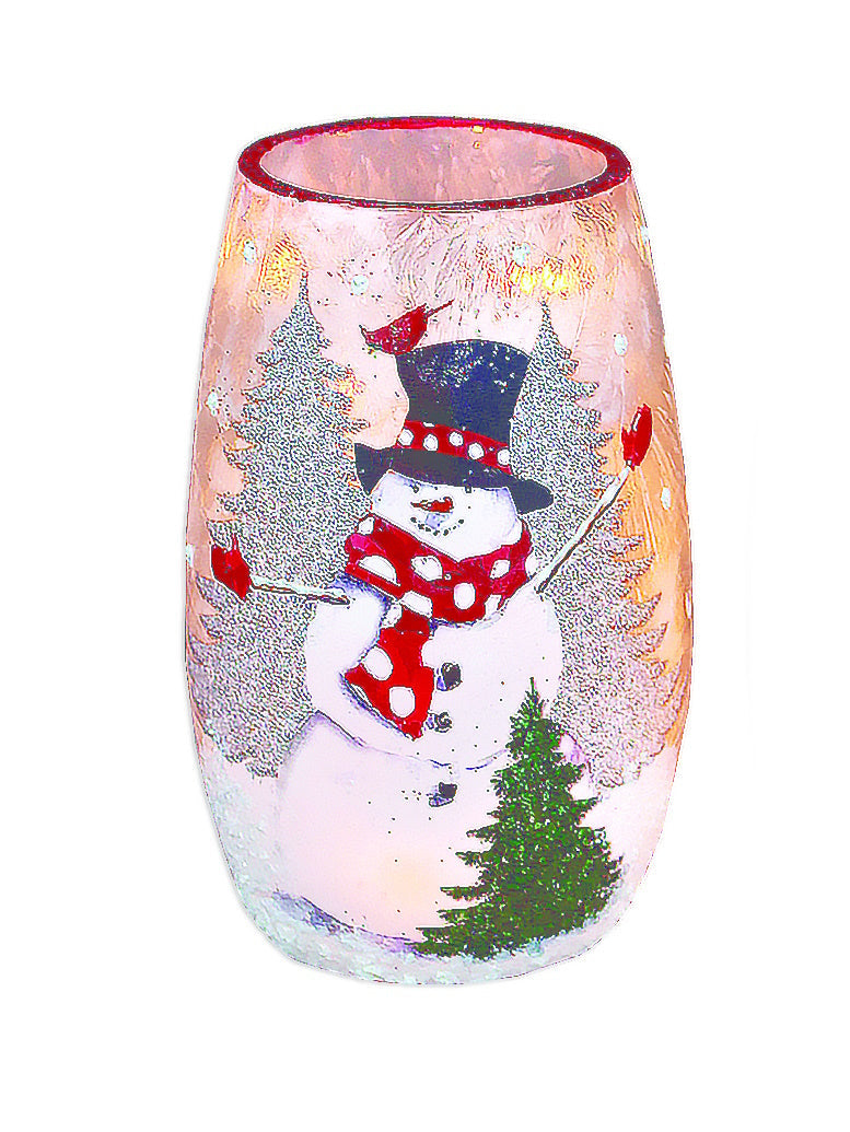 Cardinal and Snowman Lighted Jar with Ribbon -