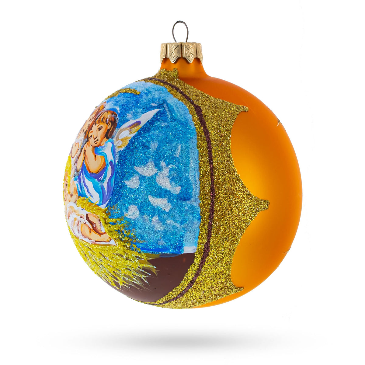 Divine Angels Overlooking Baby Jesus Glass Ball Christmas Ornament 4 Inches