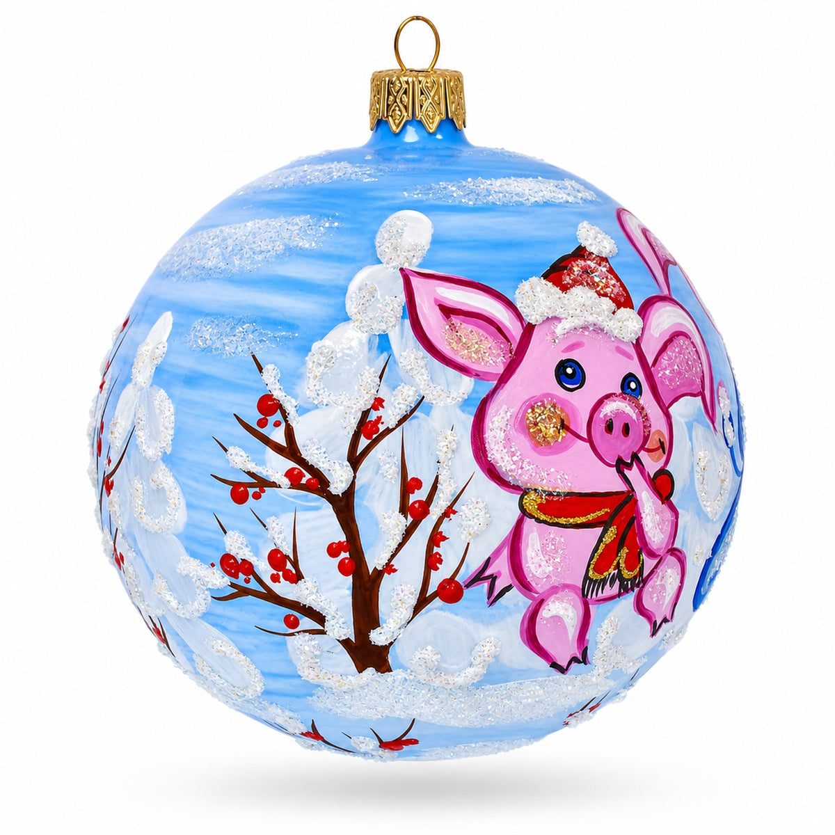 Two Pigs with Gifts Glass Ball Christmas Ornament 4 Inches