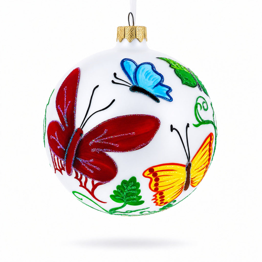 Delicate Butterflies on Glass Ball Christmas Ornament 4 Inches