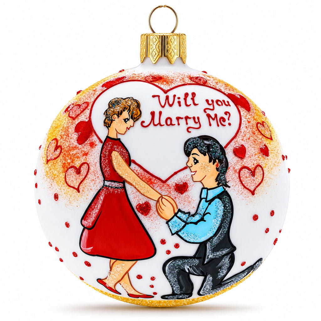 Proposal 'Will You Marry Me?' Glass Ball Christmas Ornament 4 Inches