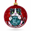 Kitten with Green Yarn Glass Ball Christmas Ornament 4 Inches