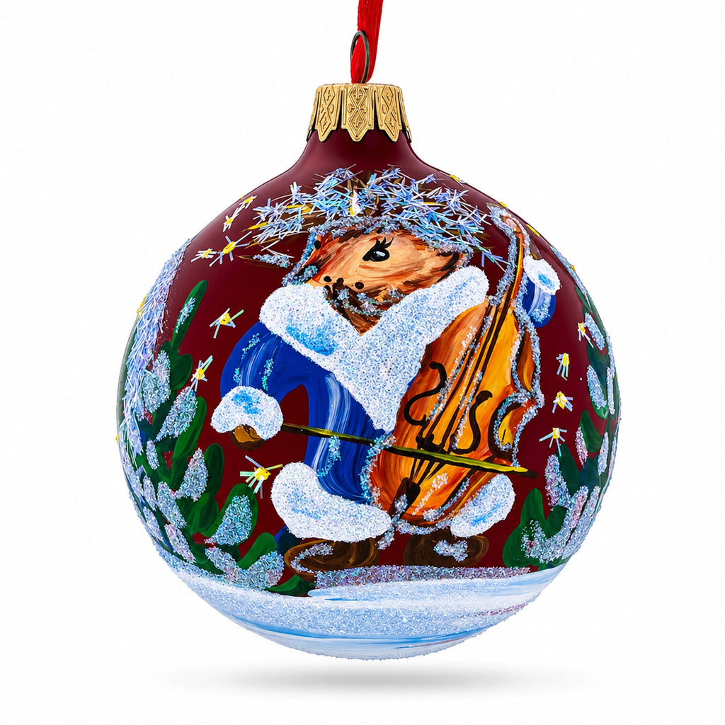 Hedgehog Serenading with Cello Glass Ball Christmas Ornament 3.25 Inches