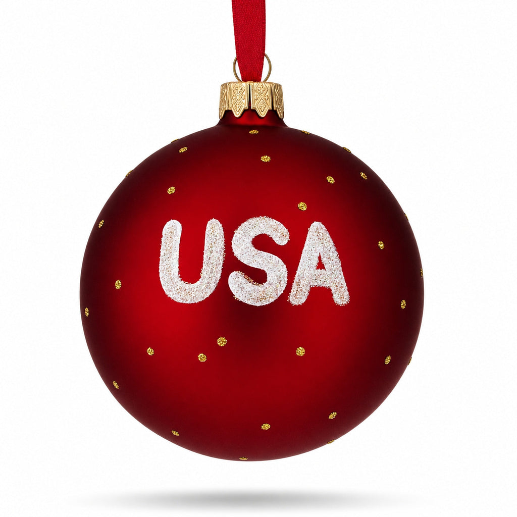 Flag of United States of America on Red Glass Ball Christmas Ornament 4 Inches