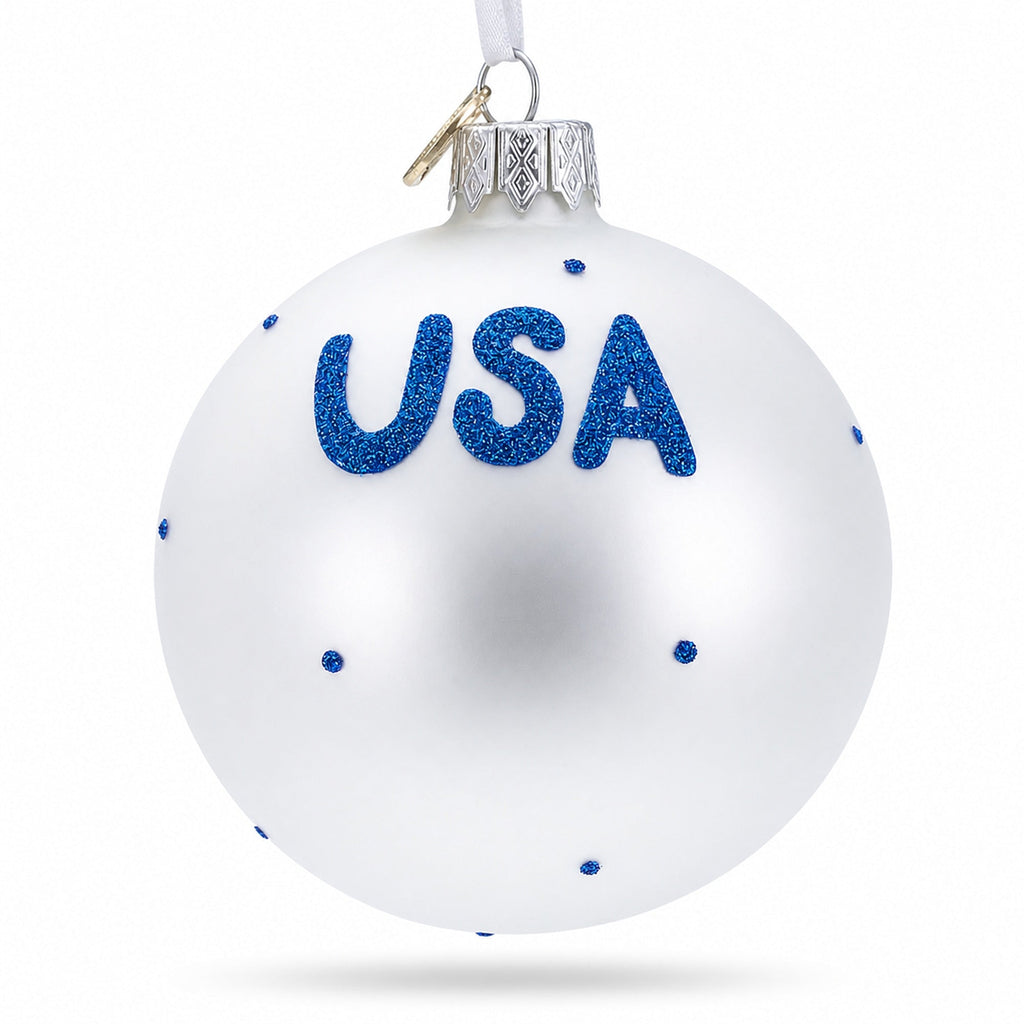 Flag of United States of America on White Glass Ball Christmas Ornament 3.25 Inches