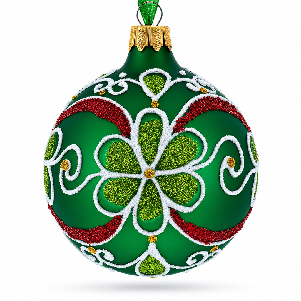 Flowers on Green Glass Ball Christmas Ornament 3.25 Inches
