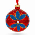 Blue Flowers on Red Glass Ball Christmas Ornament 3.25 Inches