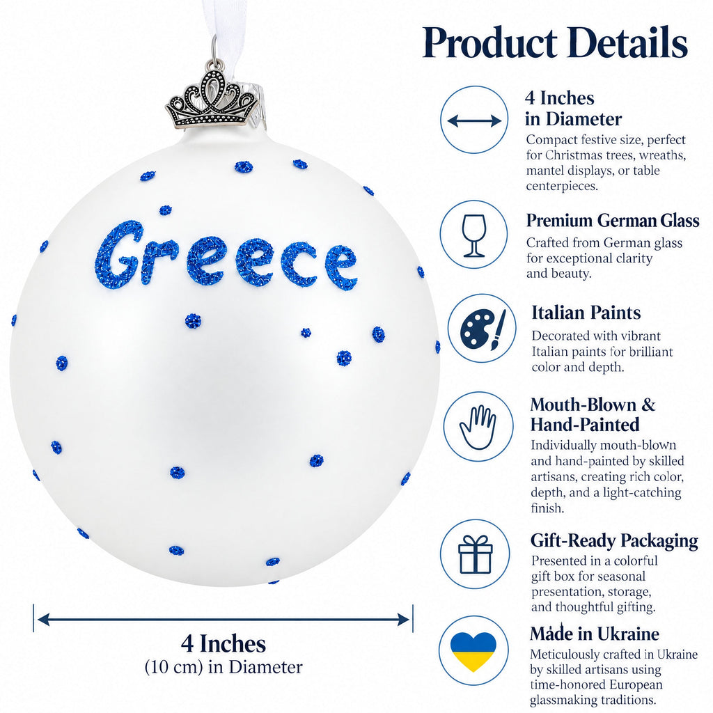 Flag of Greece Glass Ball Christmas Ornament 4 Inches