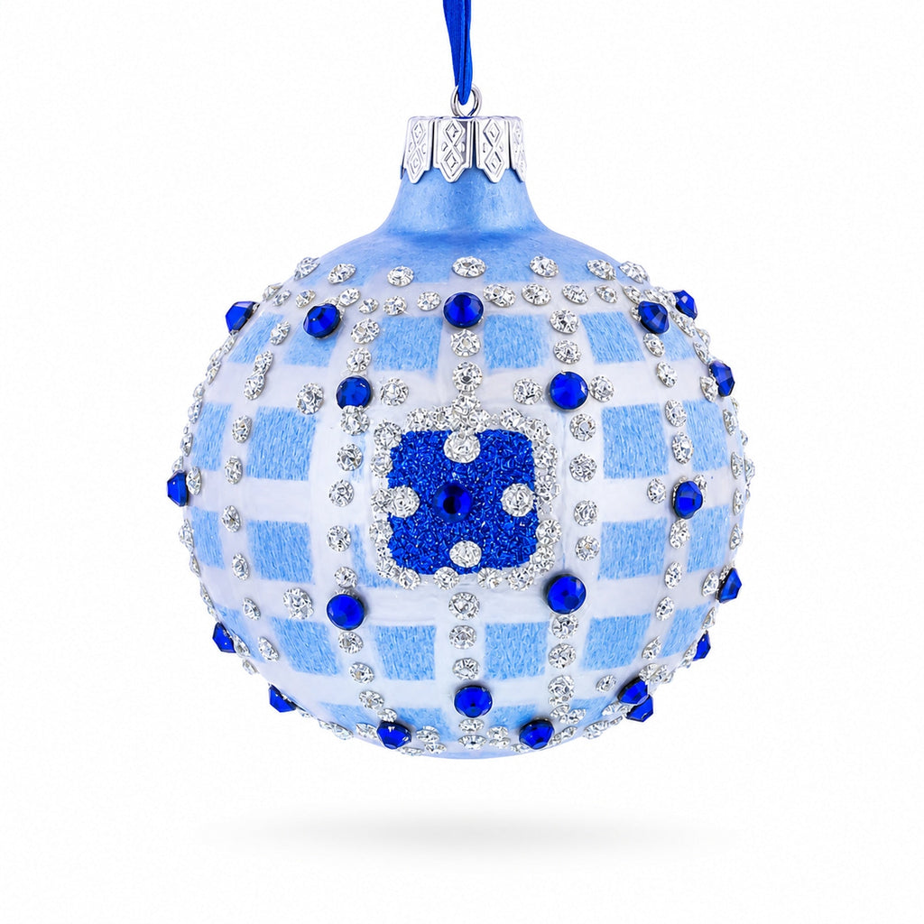 Blue Jewels and Check Pattern Necklace Design Glass Ball Christmas Ornament 3.25 Inches