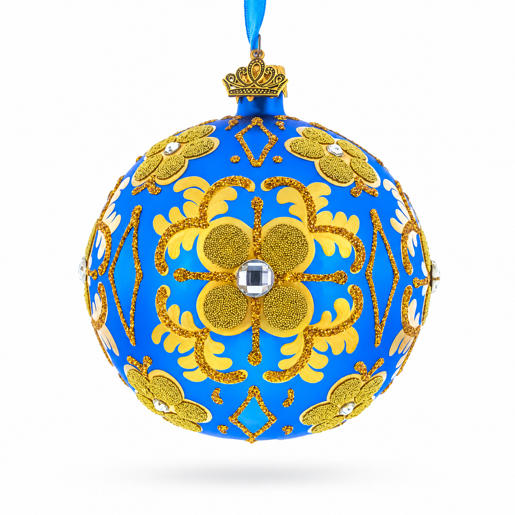 Jeweled Golden Leaves on Blue Glass  Ball Christmas Ornament 4 Inches