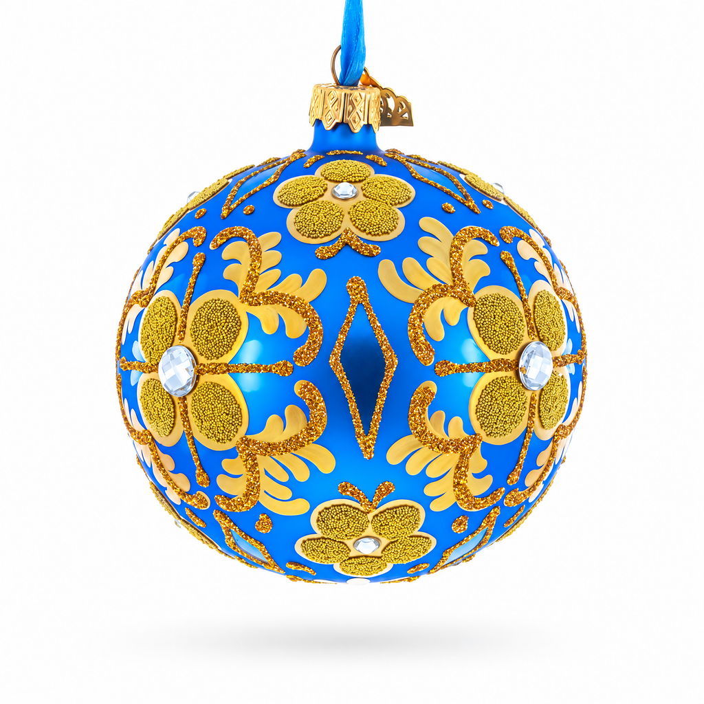 Jeweled Golden Leaves on Blue Glass  Ball Christmas Ornament 4 Inches