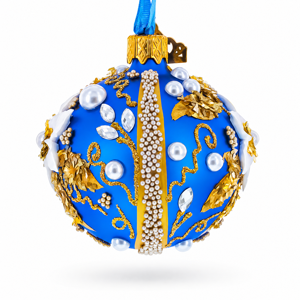 Baroque Style White Petal Flower with Gold Scrolls & Jeweled Accents Glass Ball Christmas Ornament