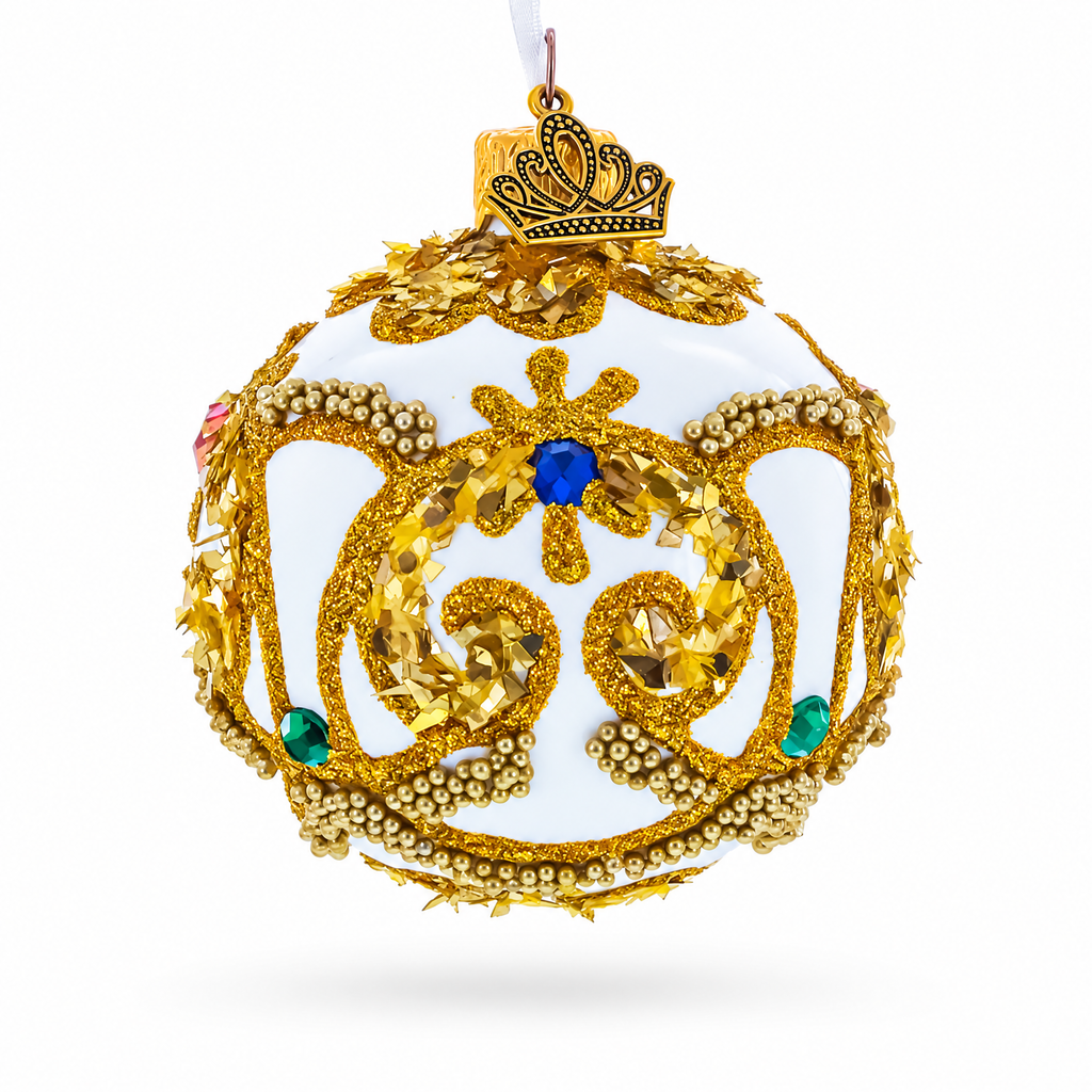 Gold Glitter Scrolls and Multicolor Jewel Accents on White Glass Ball Christmas Ornament