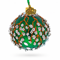 Copper Glitter Branches and Pearl Berry Accents on Green Glass Ball Christmas Ornament