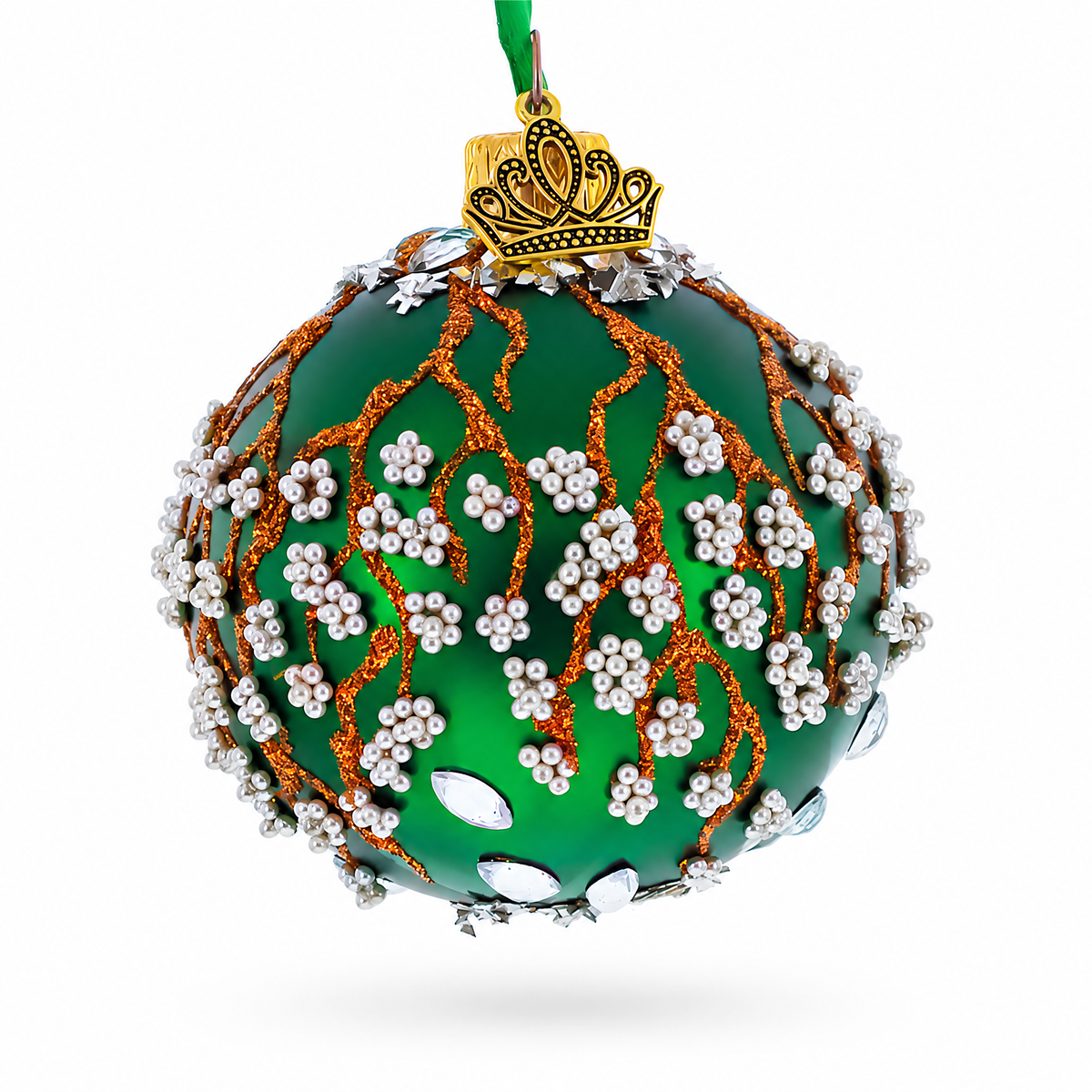 Copper Glitter Branches and Pearl Berry Accents on Green Glass Ball Christmas Ornament