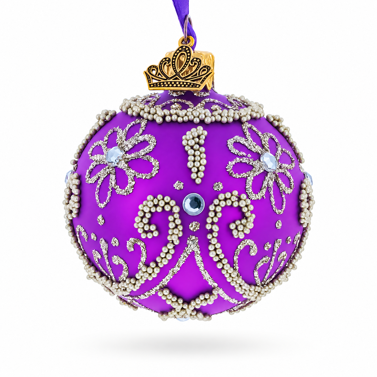 Silver Glitter Florals and Pearl Bead Scrollwork on Purple Glass Ball Christmas Ornament