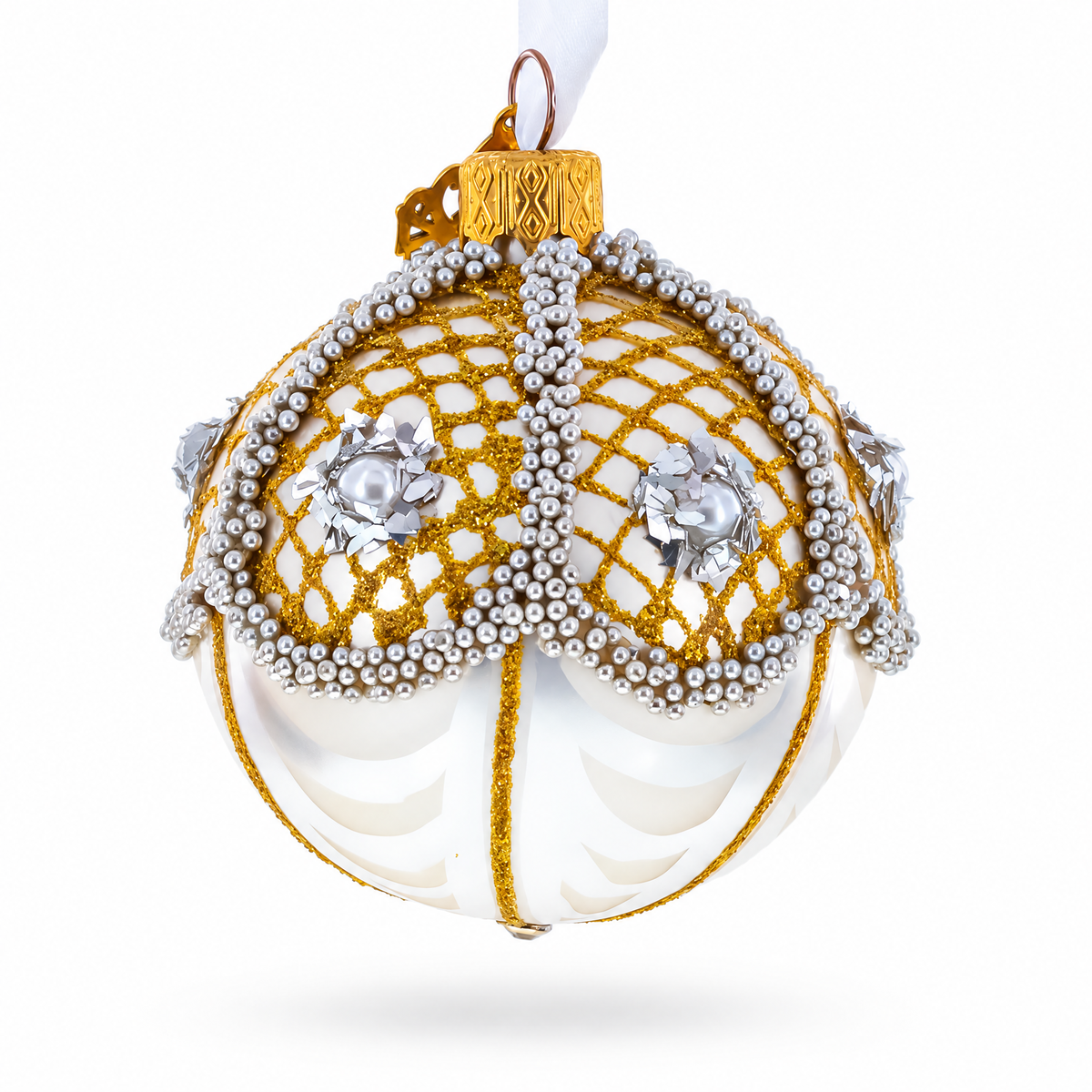 Gold Lattice with Pearls and Silver Accents Glass Ball Christmas Ornament