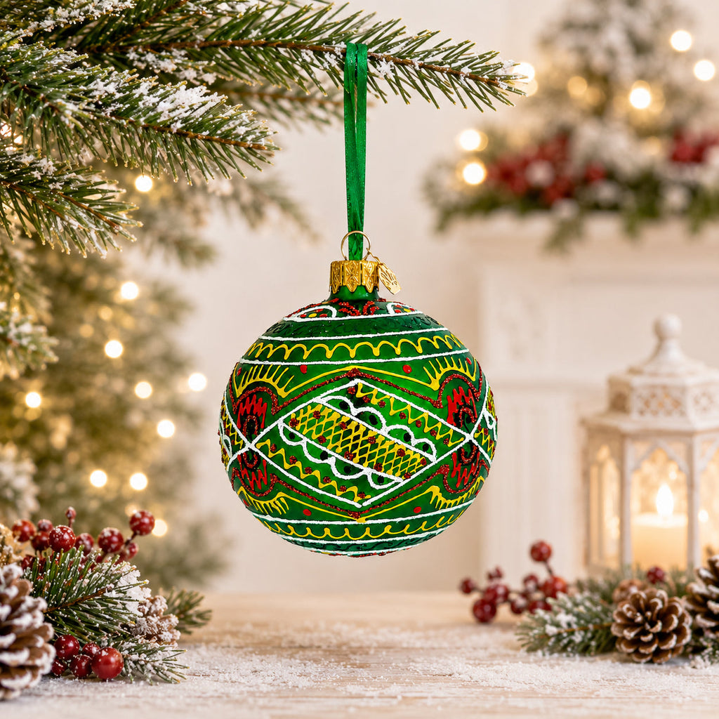 Green Geometric Ukrainian Glass Ball Christmas Ornament 3.15 Inches