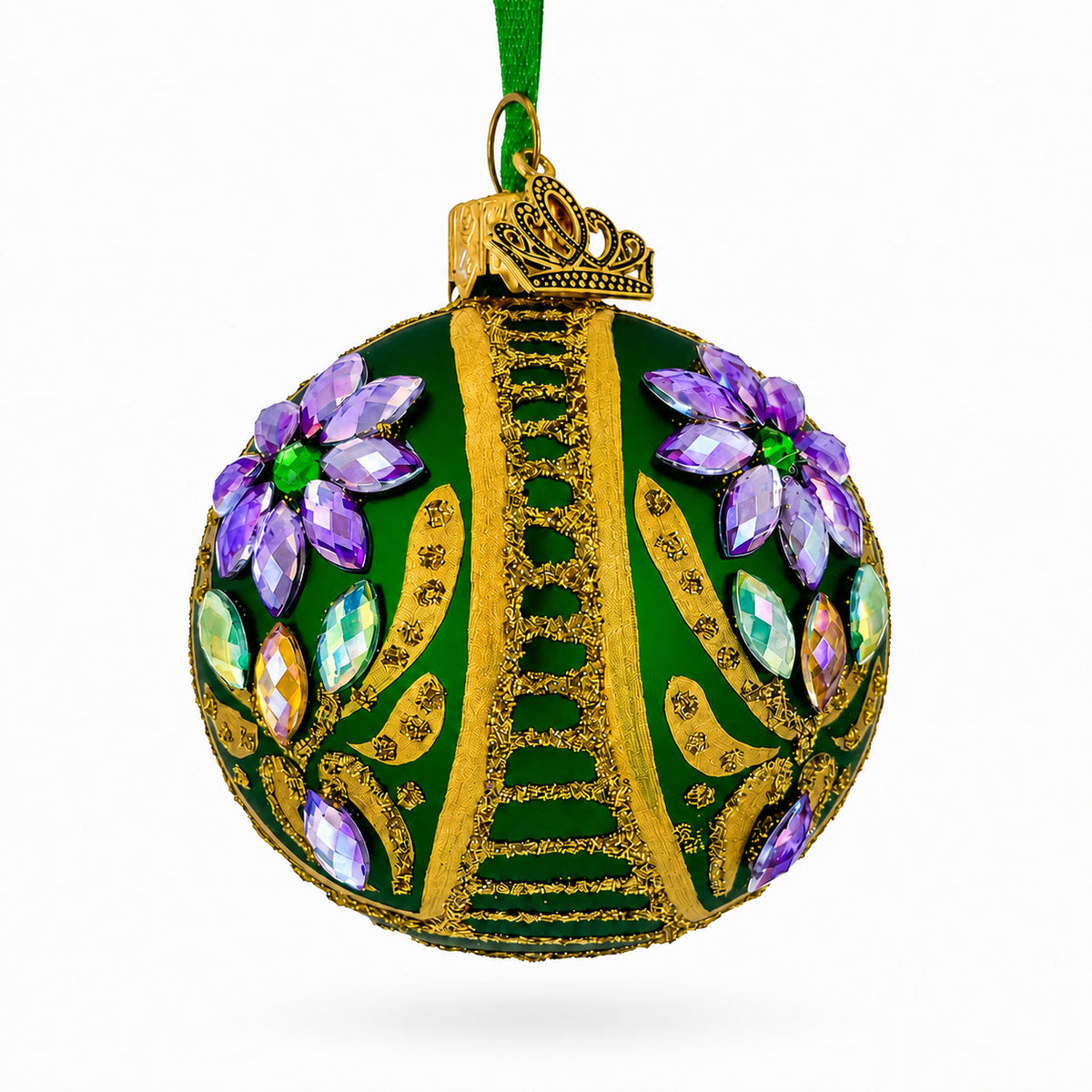 Ornate Botanical Round Rhinestone Accent Glass Ball Christmas Ornament