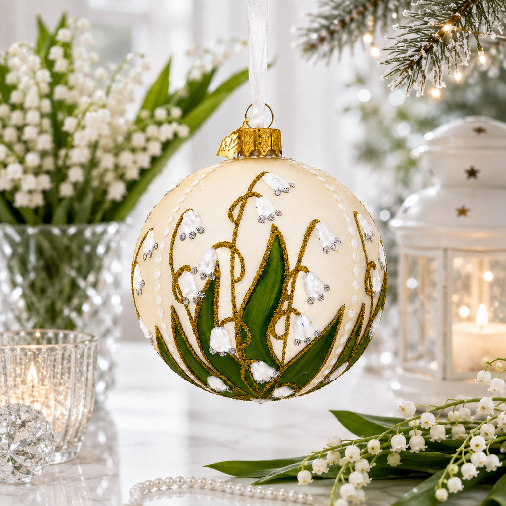 Lily of the Valley on Beige Glass Ball Christmas Ornament