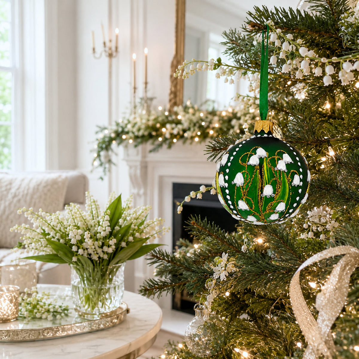 Lily of the Valley on Green Glass Ball Christmas Ornament