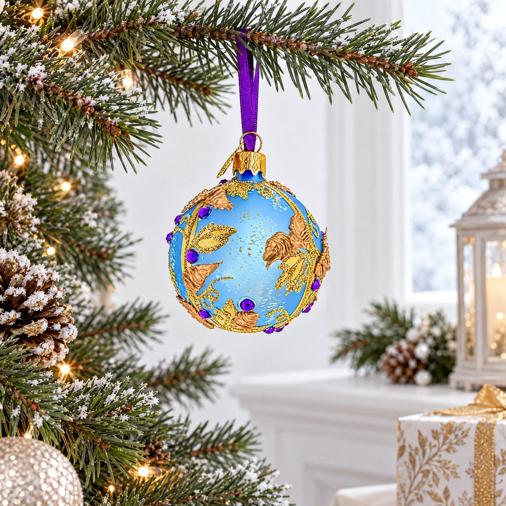 Blue Floral Jeweled Glass Ball Christmas Ornament