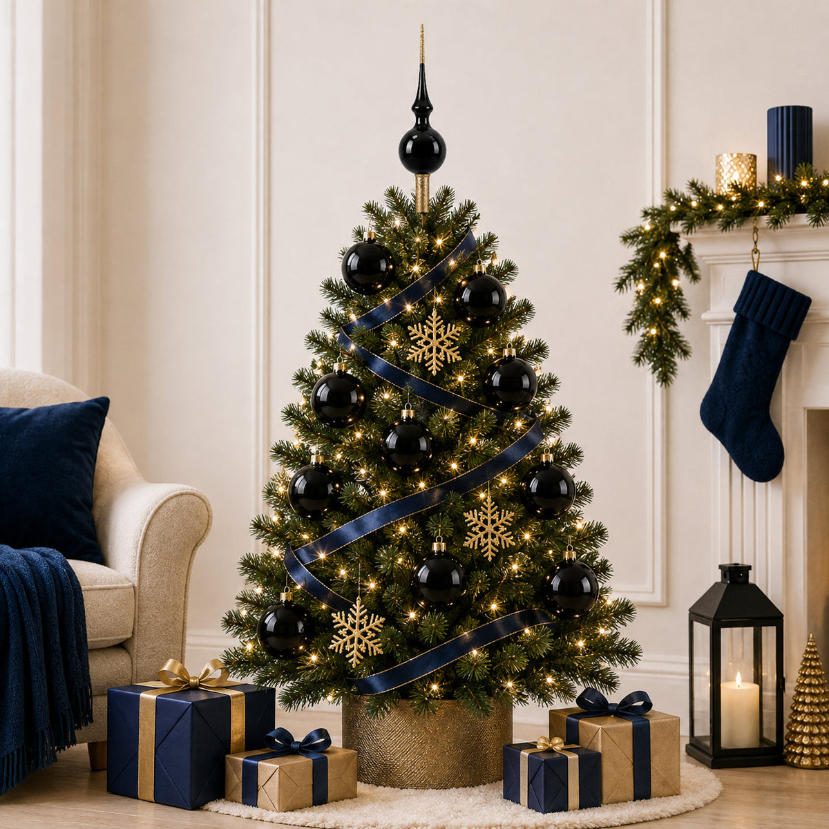 Set of 4 Glossy Black Glass Ball Christmas Ornaments 4 Inches (003)