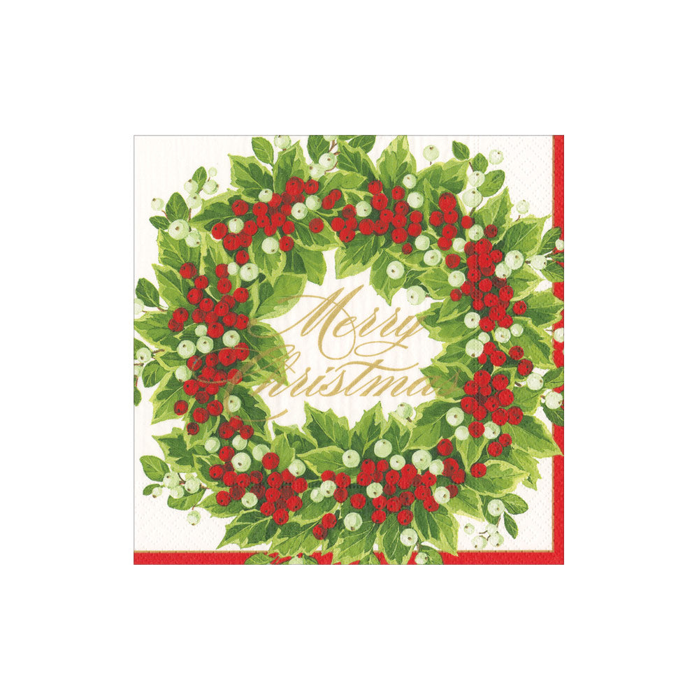 Holly and Berry Wreath Paper Cocktail Napkins