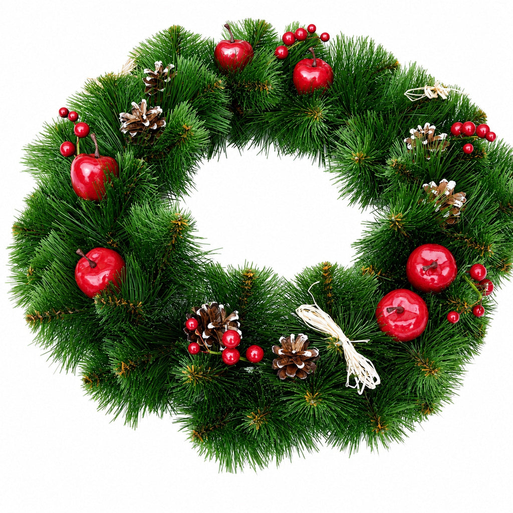 Ukrainian Christmas Wreath with Frosted Straw Bows, Apples & Pine Cones 20 Inches