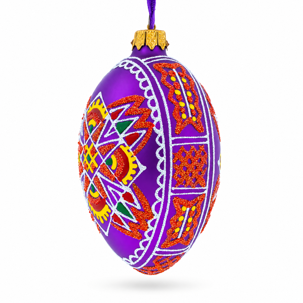 Purple Geometric Ukrainian Egg Glass Christmas Ornament 4 Inches
